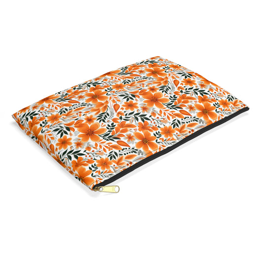 Delicate Orange Floral Flower Pattern Accessory Pouch