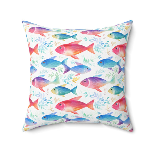 Fishing Enthusiasts Collection - Beautiful "Rainbow Fish" Elegant Watercolor Fish Pattern - Spun Polyester Square Pillow - Gift