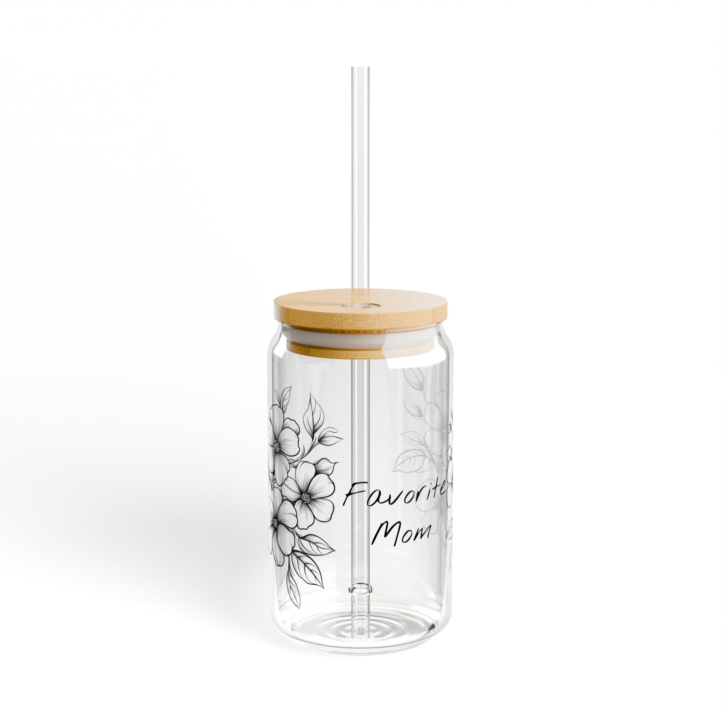 Happy Mother's Day Sipper Glass / Glass Tumbler Transparent Floral Pattern and Flowers - "Favorite Mom" - 16oz (0,473 l) - Perfect Gift
